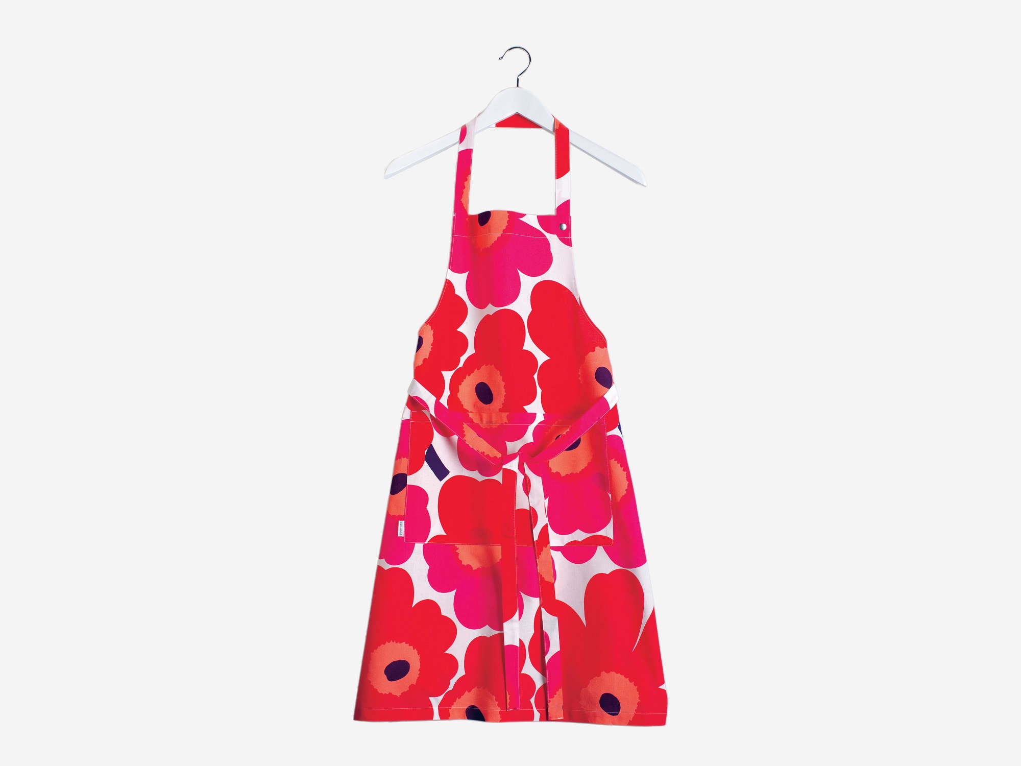 Red poppy pattern Marimekko apron front view